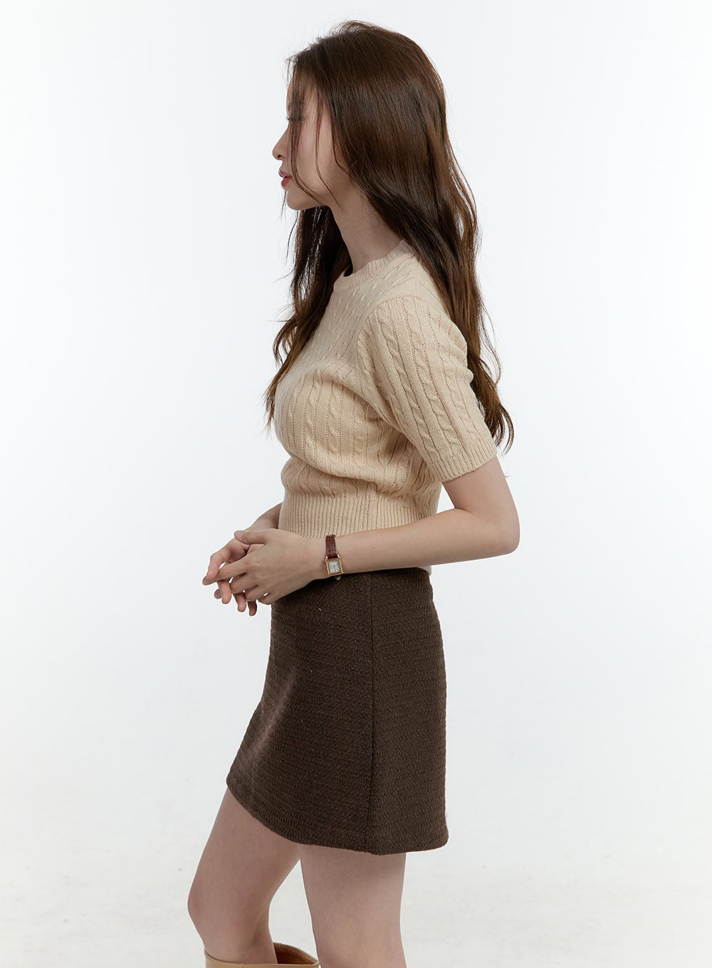 Cable-Knit Short-Sleeve Crop Sweater CF504
