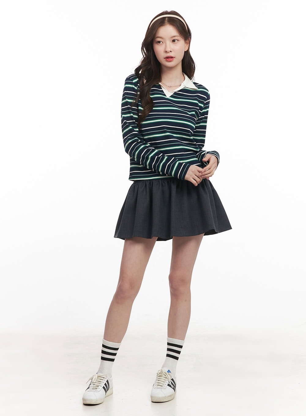 Striped Long-Sleeve Collared Top CM511