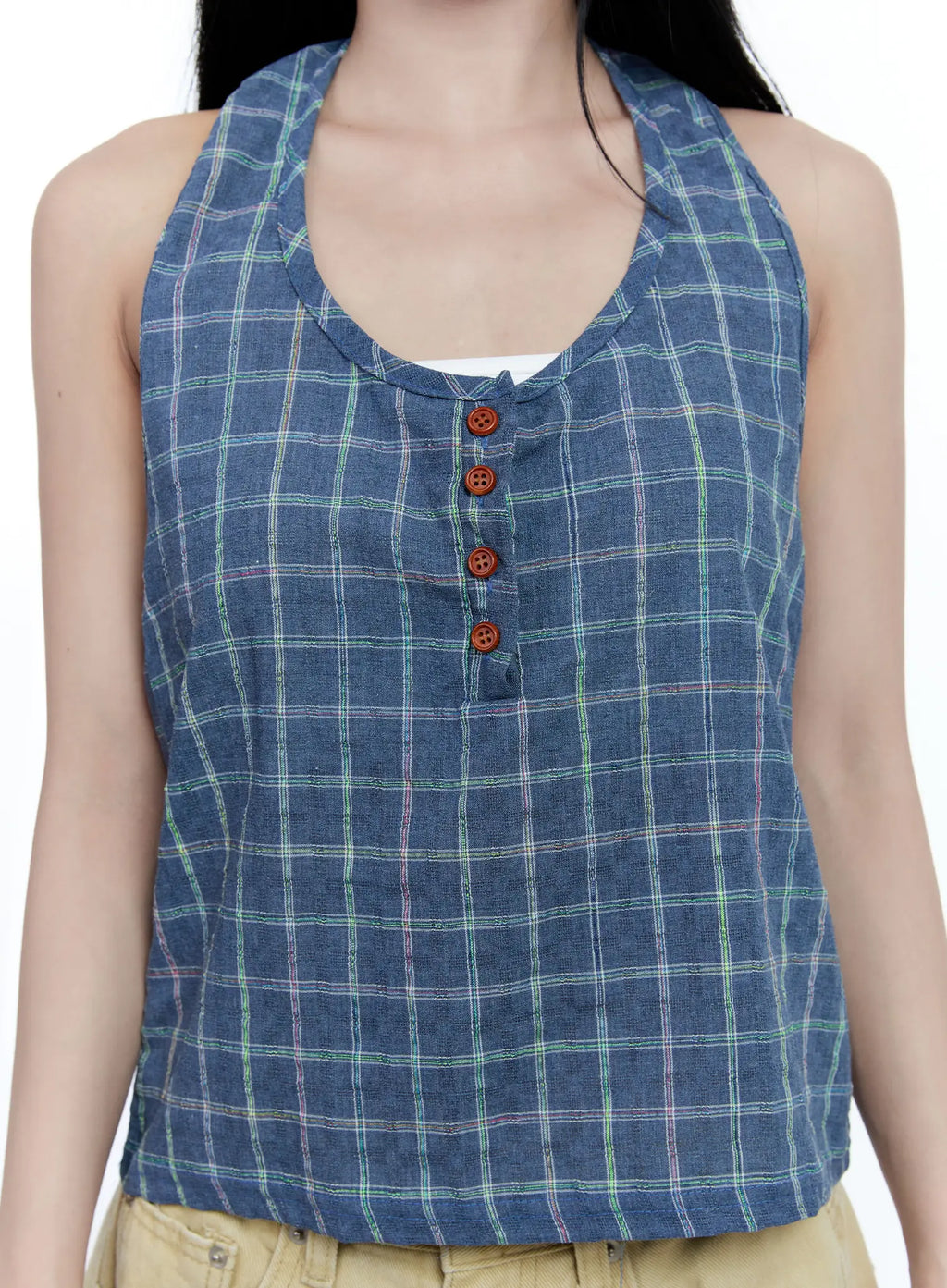 Plaid Button Halter Top CG507