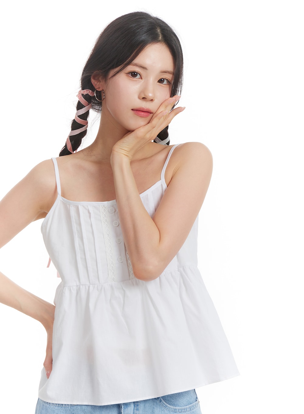 Solid Ruffle Hem Button-Up Cami Top OM406