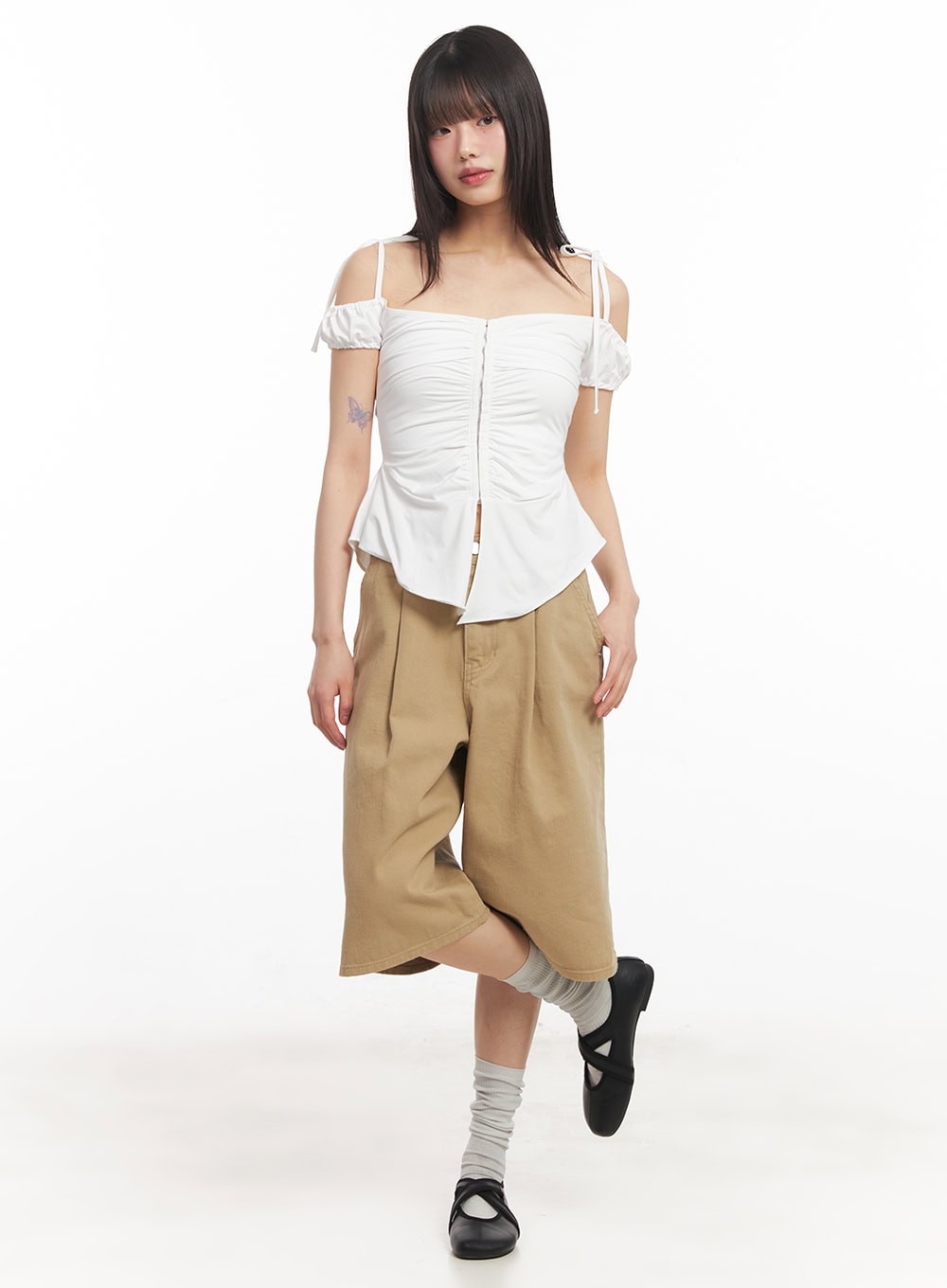 Shirred Off-Shoulder Puff-Sleeve Top CA523