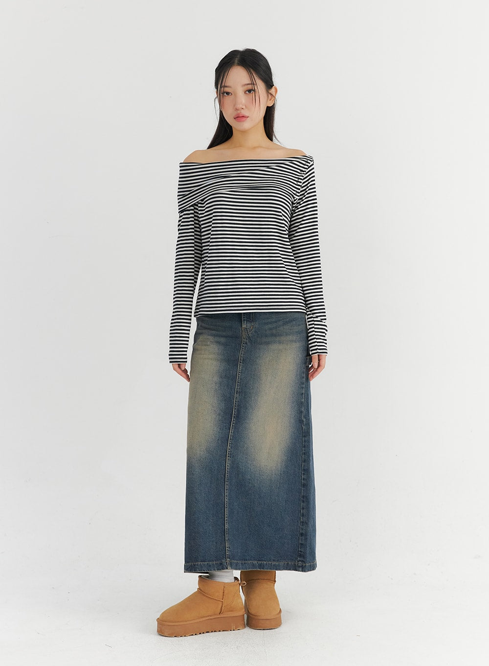 Off-Shoulder Stripe Long Sleeve Top CO324