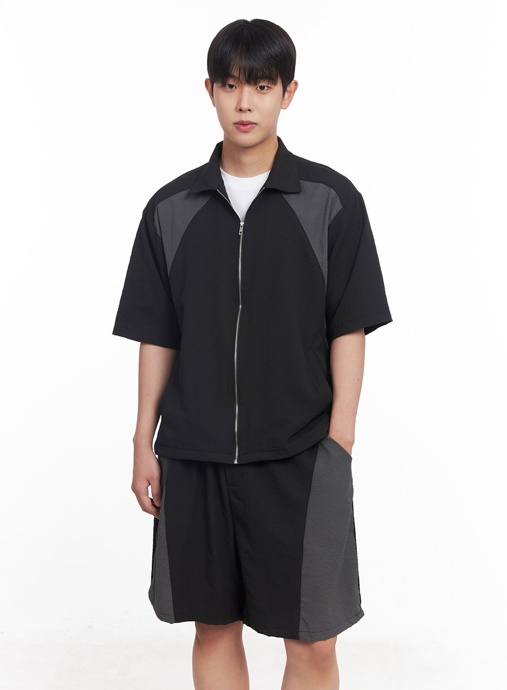 Men's Zip-Up Collared Half-Sleeve Shirt IY520