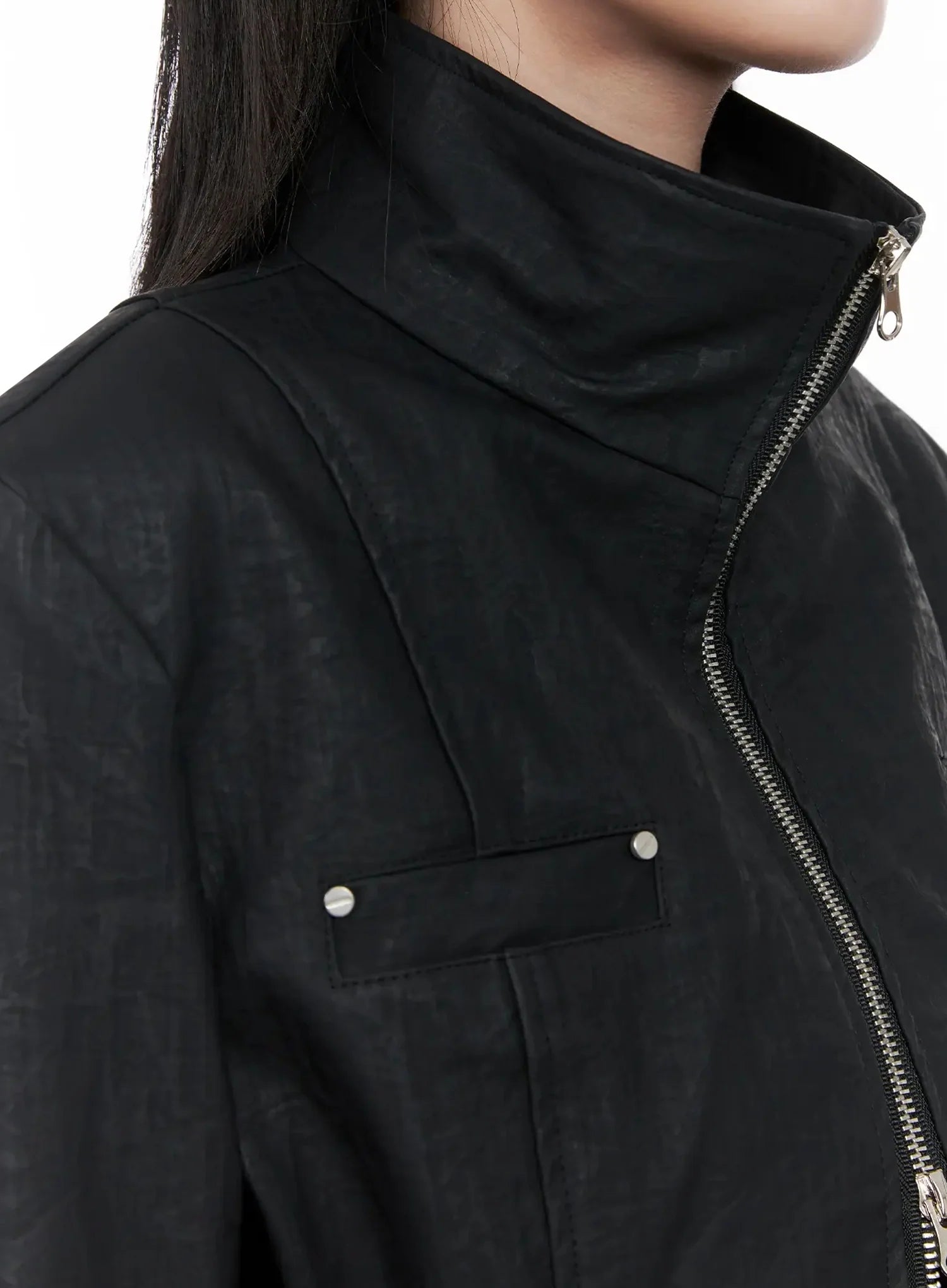 High Neck Zip Up Faux Leather Jacket IS508