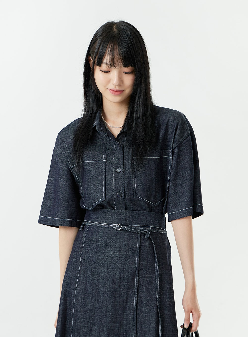 Stitch Denim Set-Up Blouse with Pocket OG23
