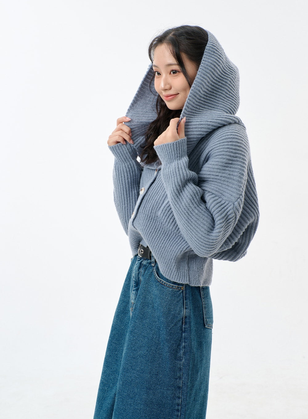 Mid-Wash Front Slit Denim Maxi Skirt BJ327