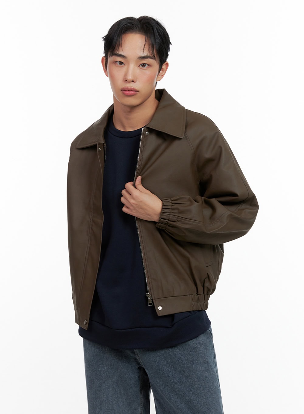 Men's Collared Faux-Leather Jacket IN426