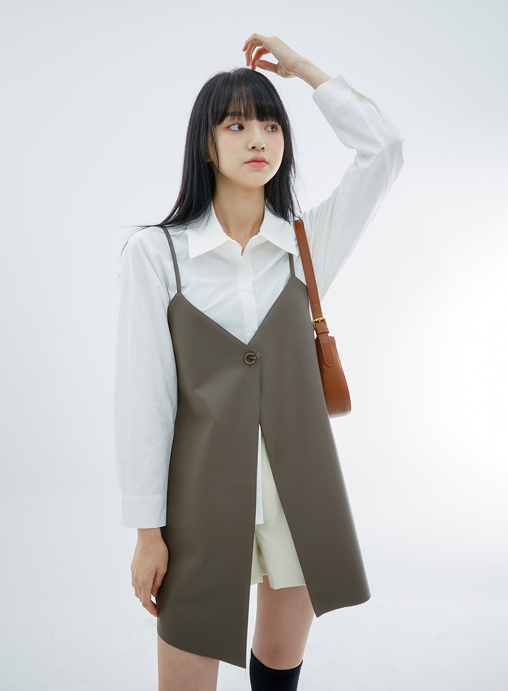 One Button Faux Leather Mini Dress OS29