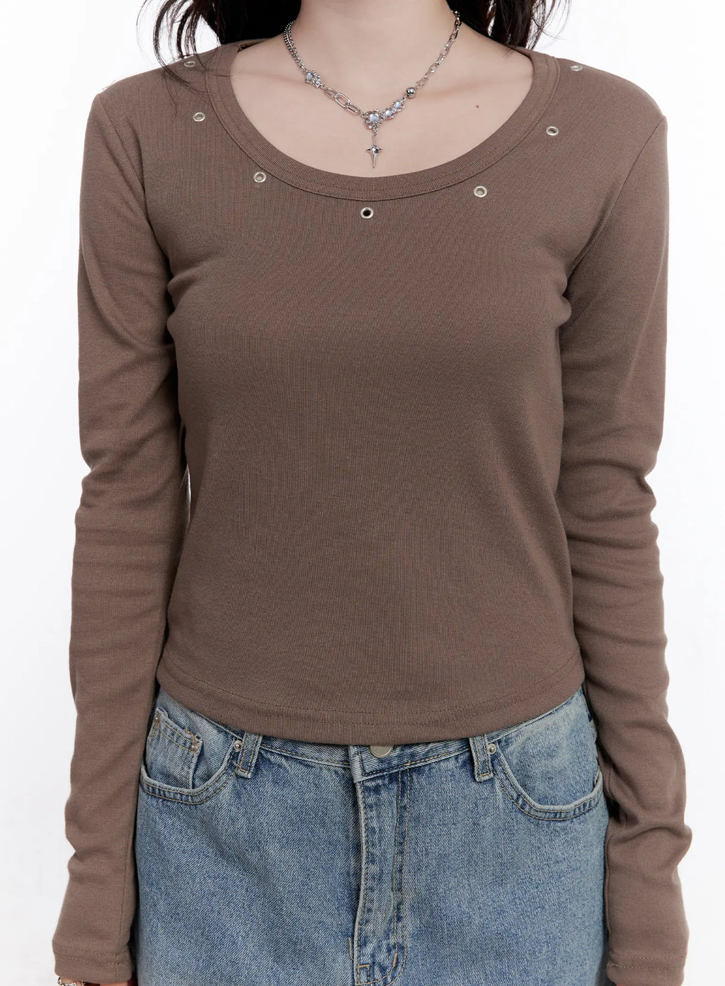 Ribbed U-Neck Eyelet Long Sleeve Top CS530
