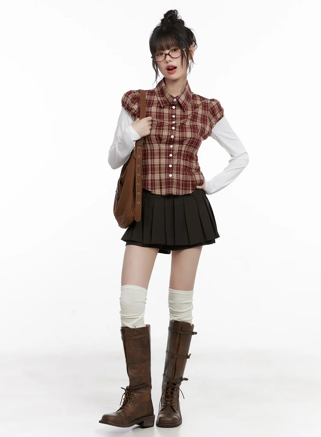 Plaid Puff Sleeve Top CG519