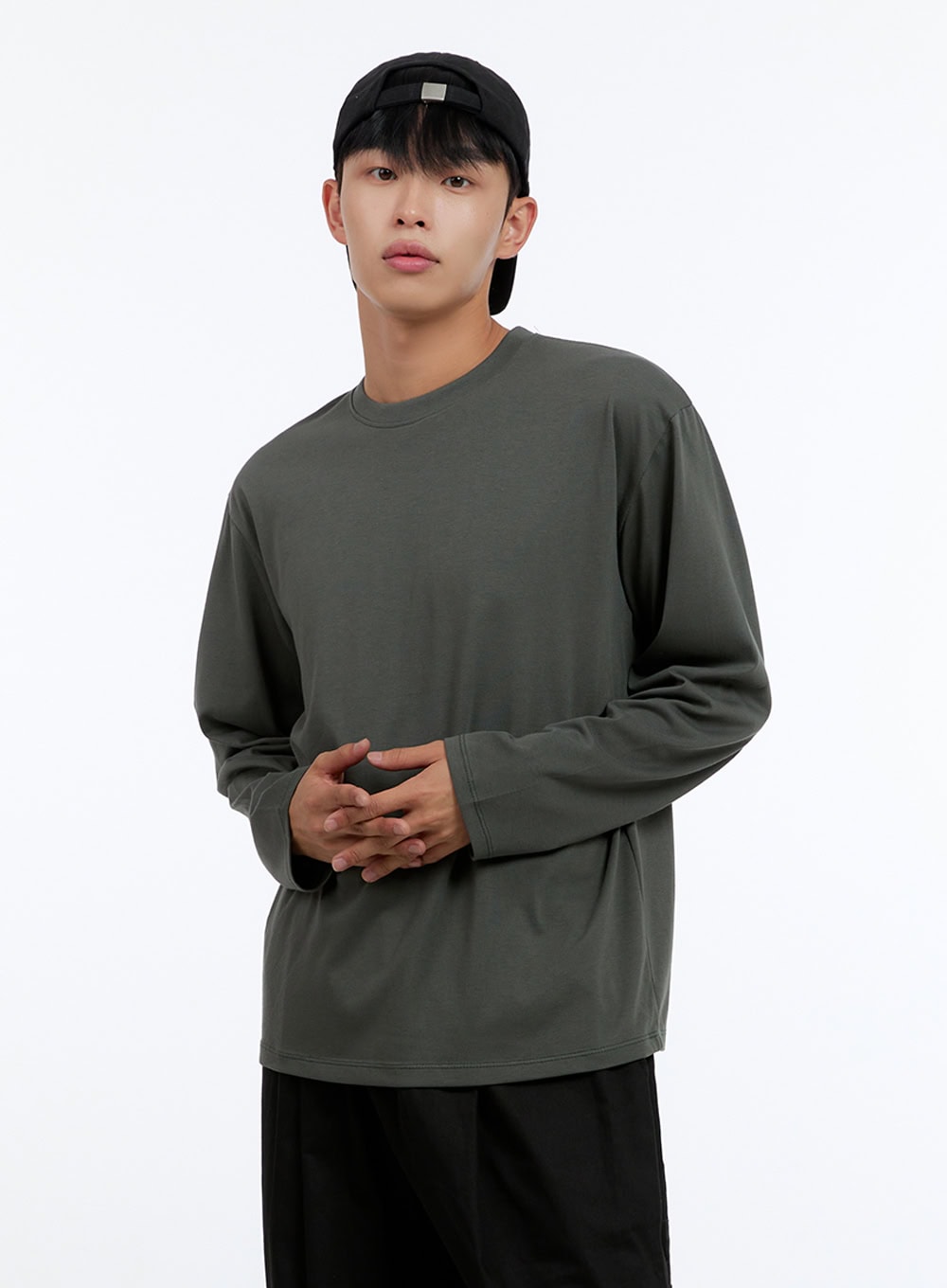Men's Basic Cotton Long Sleeve T-Shirt (Dark Green) IS412