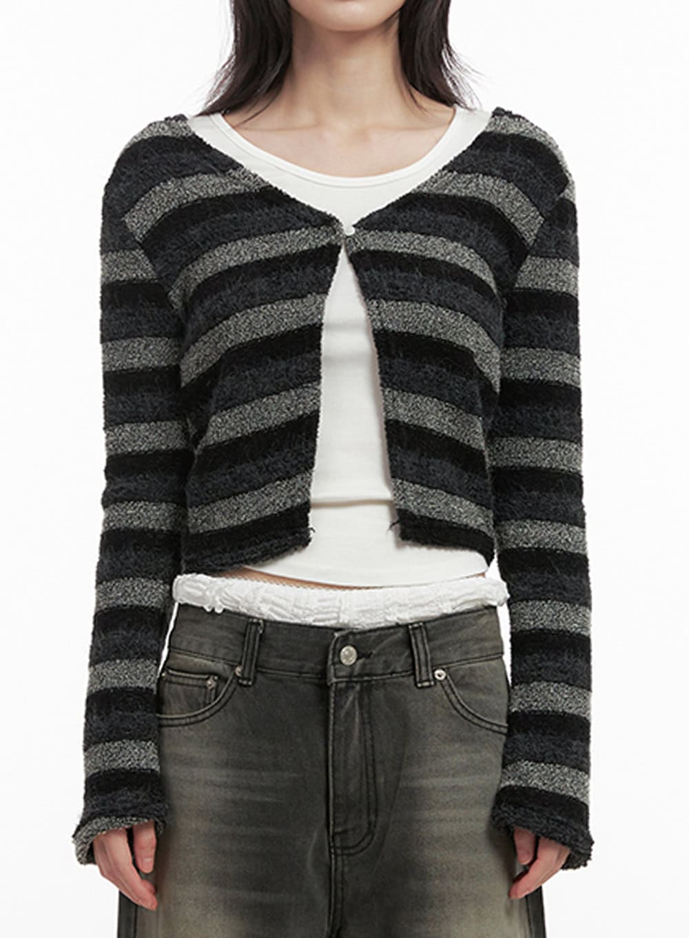 Striped Slit Cropped Cardigan ID402