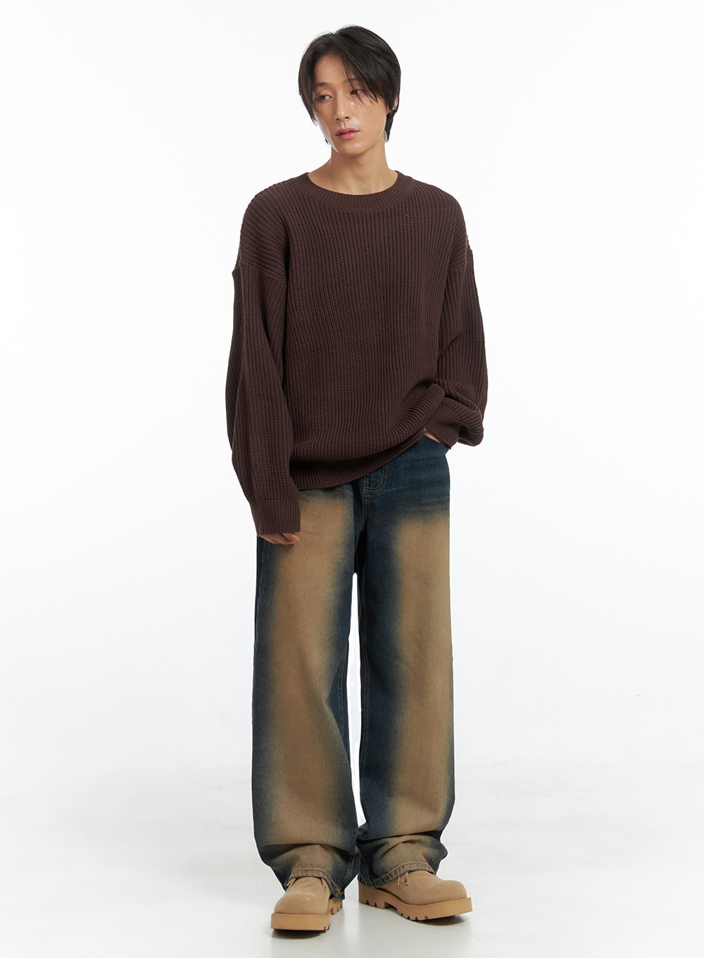 Men's Brown Washed Wide Denim Jeans IO402