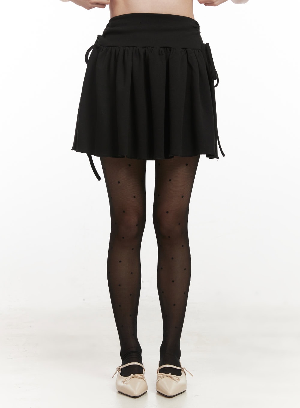 Ribbon-Tie Shirred Mini Skirt IF505