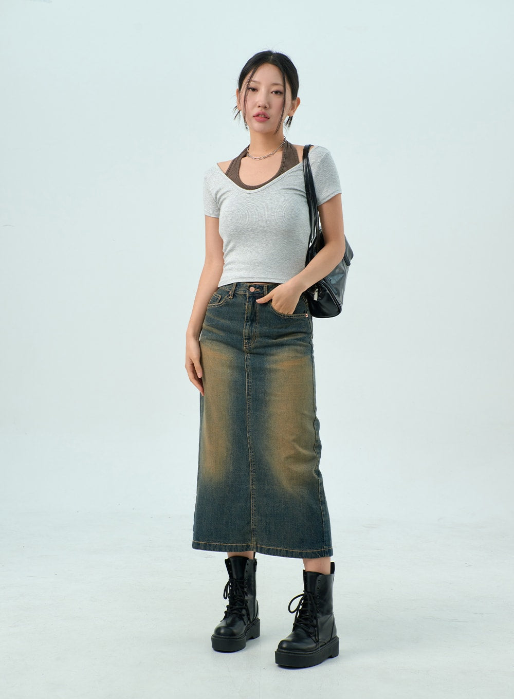 Dark Wash Denim Maxi Skirt CY325