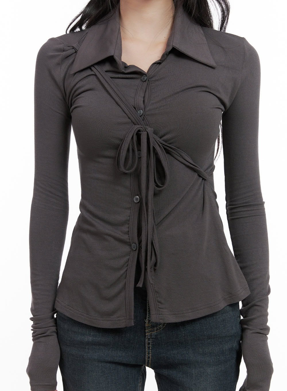 Long Sleeve Slim Tie Collar Top CG421