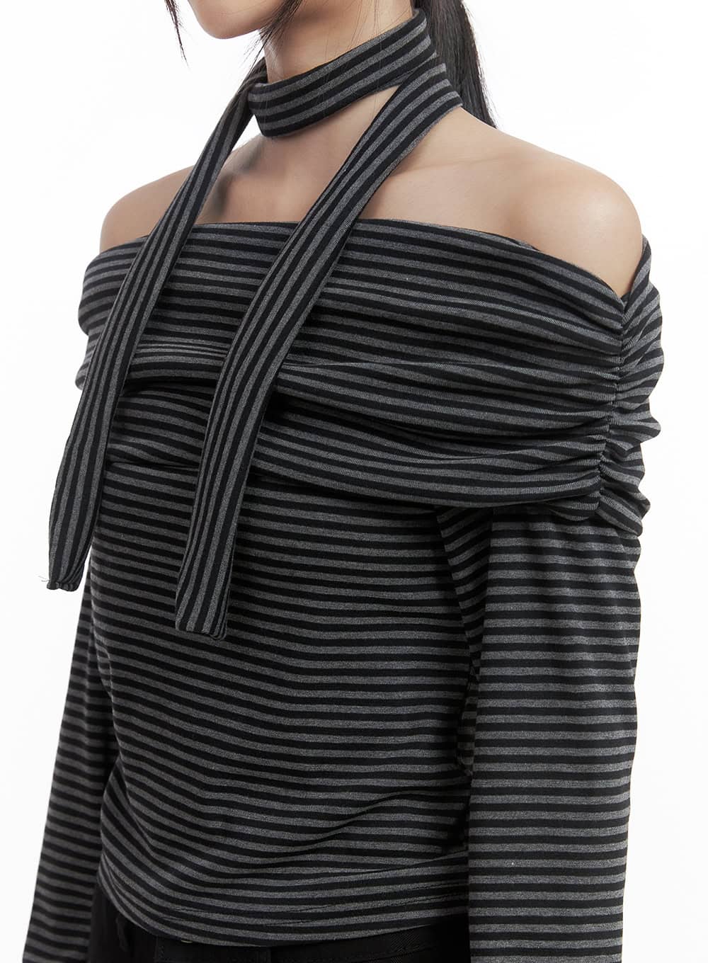 Striped Off Shoulder Crop Top Scarf Set CS430