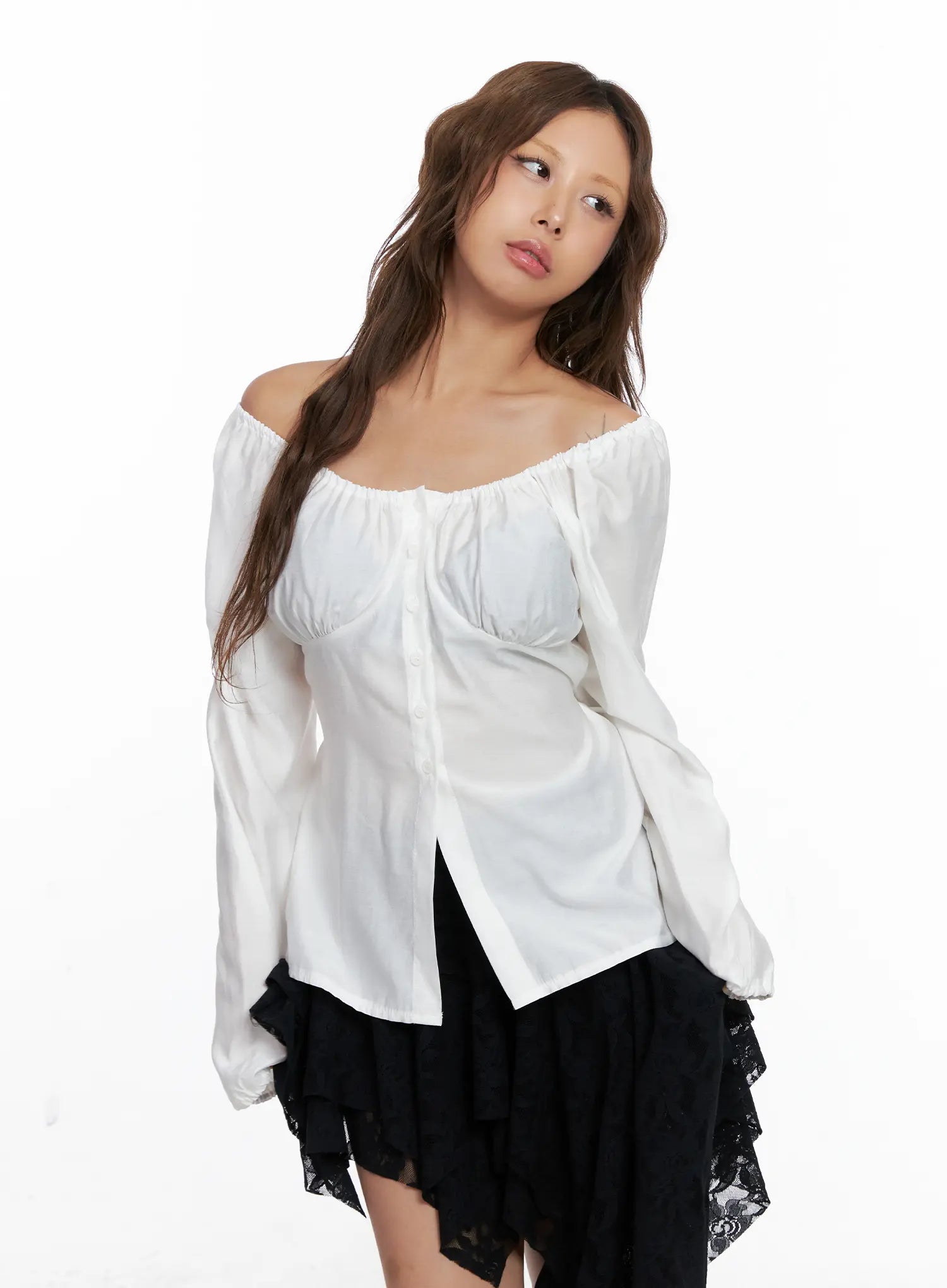 Off-Shoulder Button-Up Blouse CS522