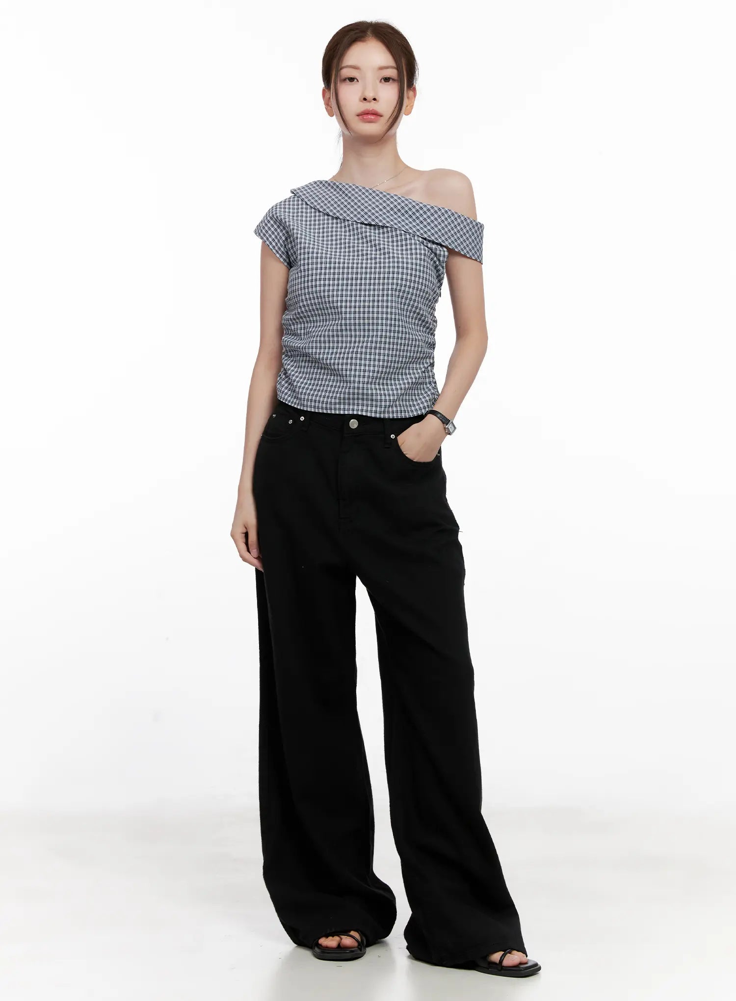 Gingham Off-Shoulder Crop Top CL524