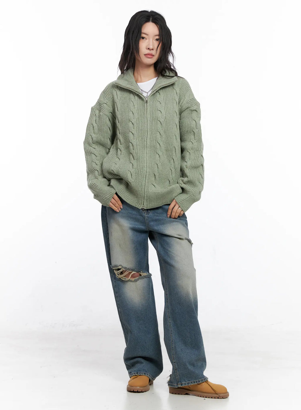 Oversized Cable Knit Zip-Up Sweater CO508