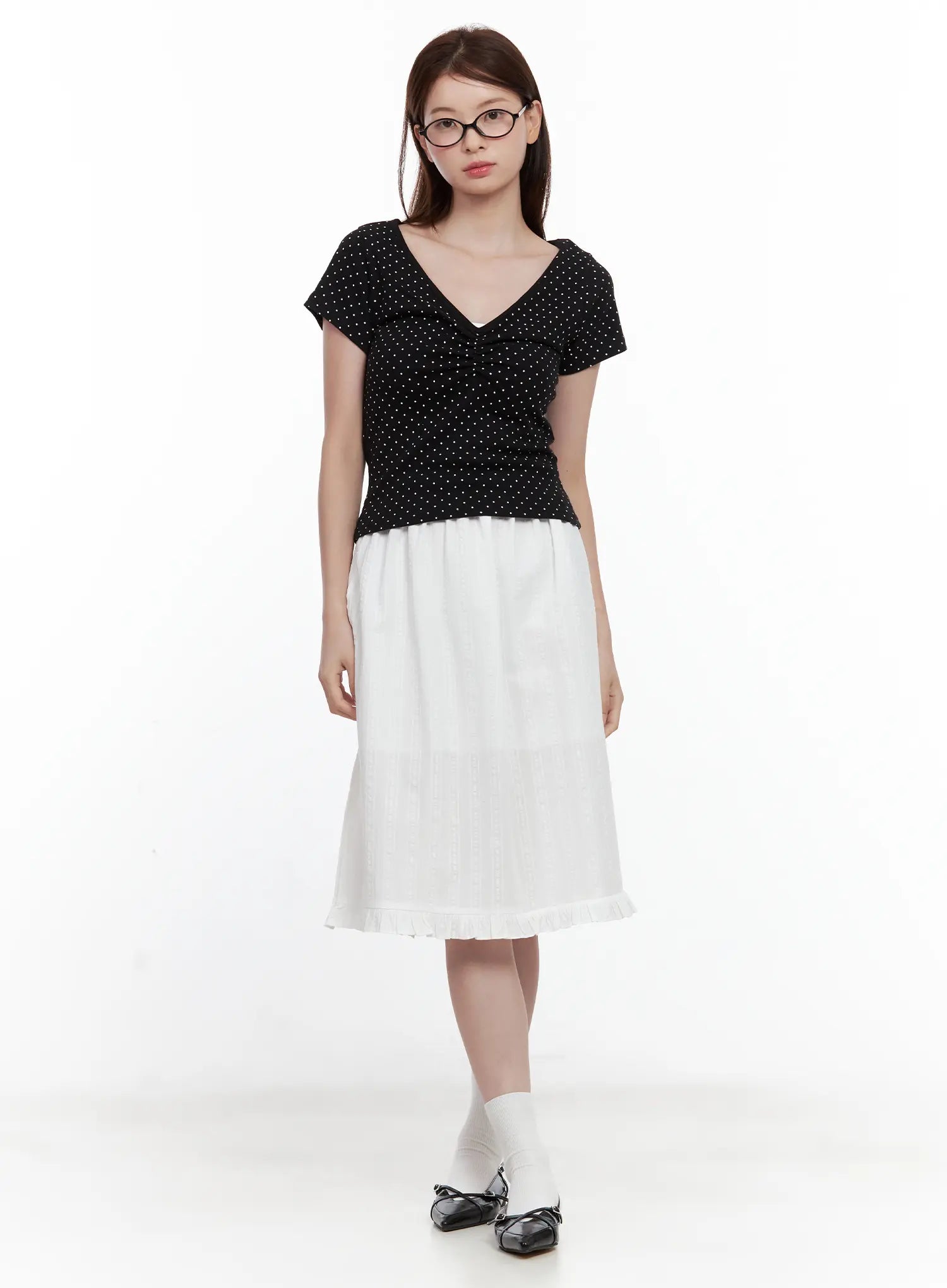 Polka Dot Shirred V-Neck Top CL502