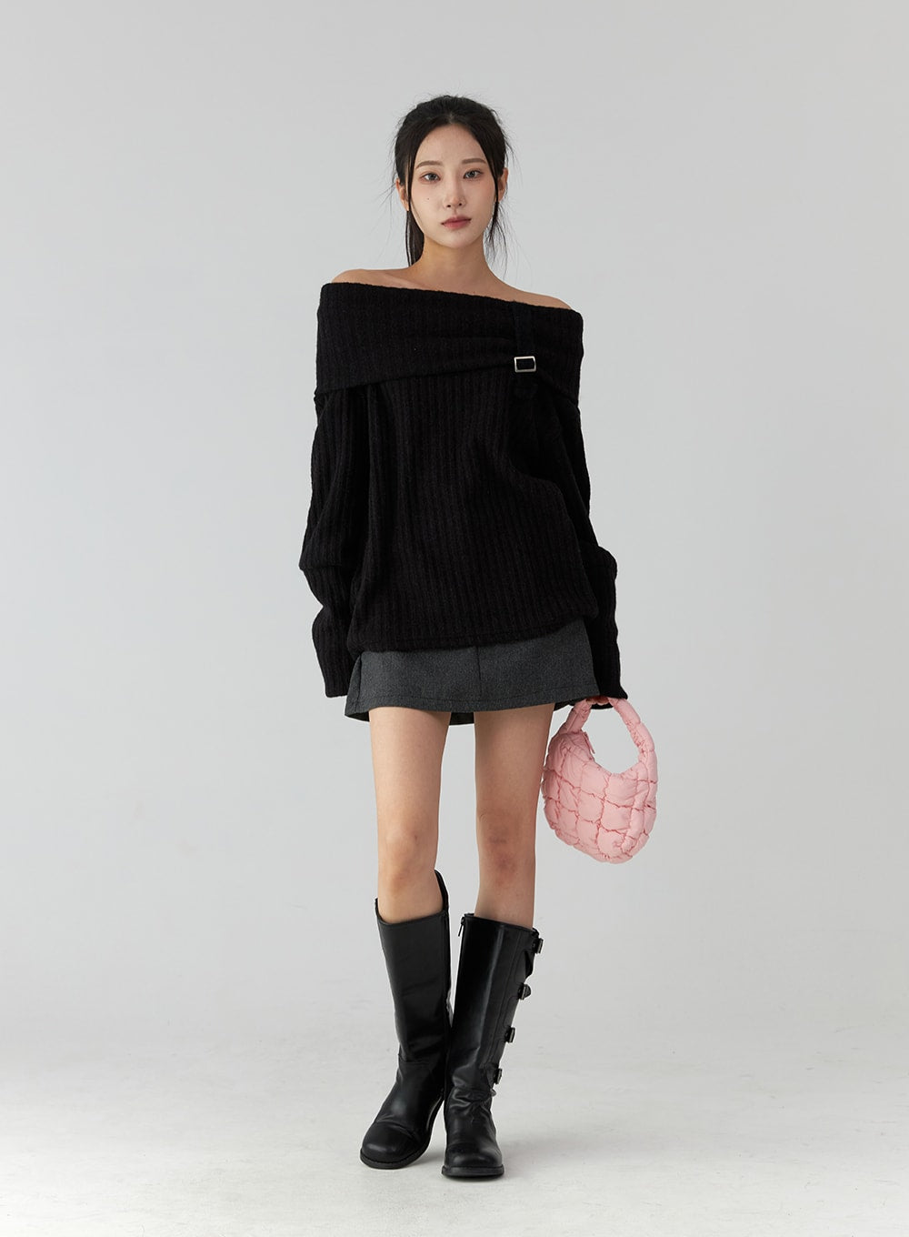 Off-Shoulder Buckle Knit Sweater CD322