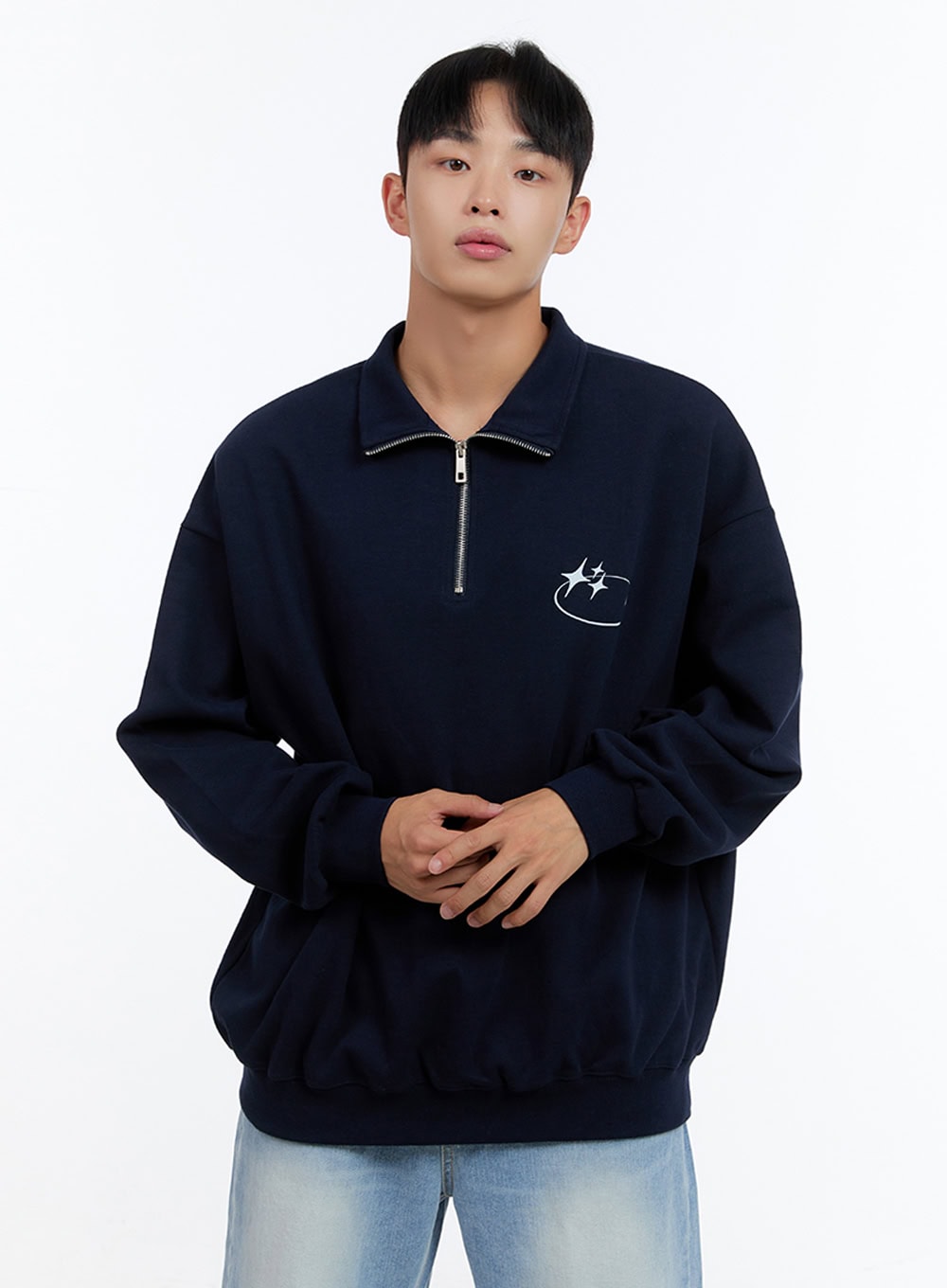 Men's Classic Cotton Half-Zip Graphic Hoodie (Dark blue) IS413