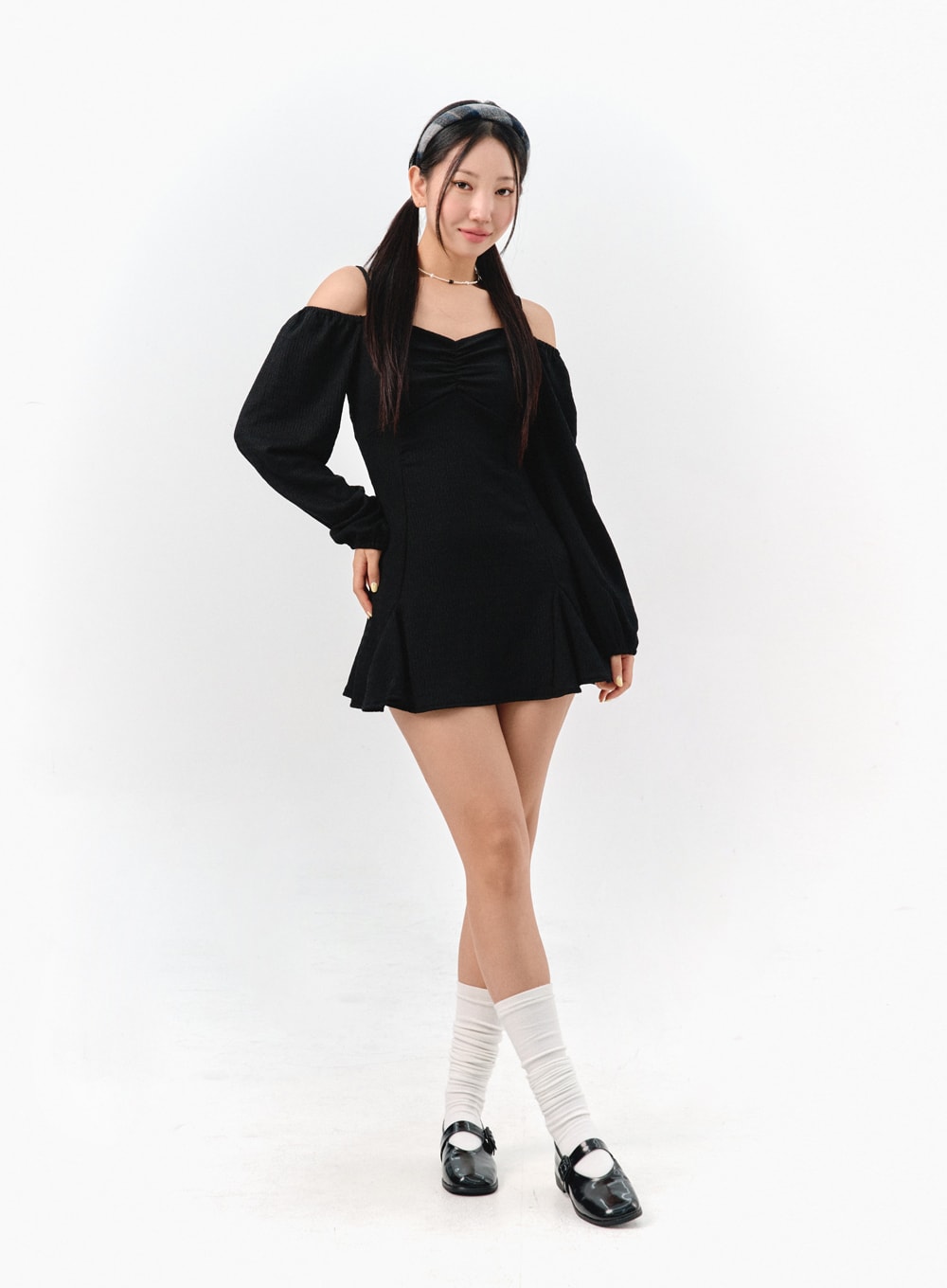 Off-Shoulder Shirred Mini Dress IS301