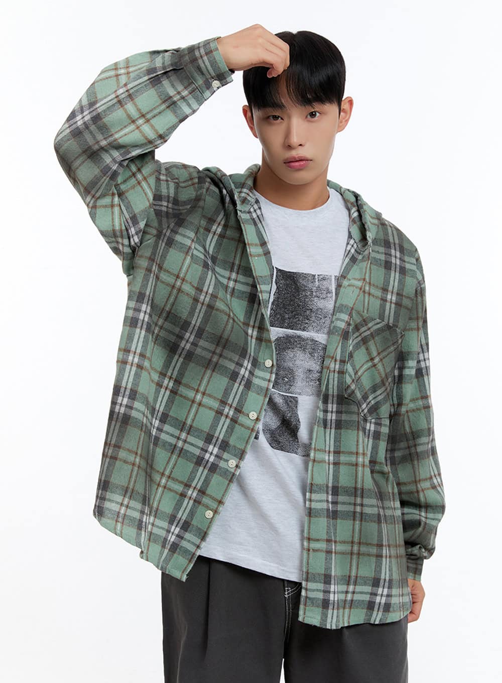Men's Oversize Checkered Cotton Hooded Shirt IS413