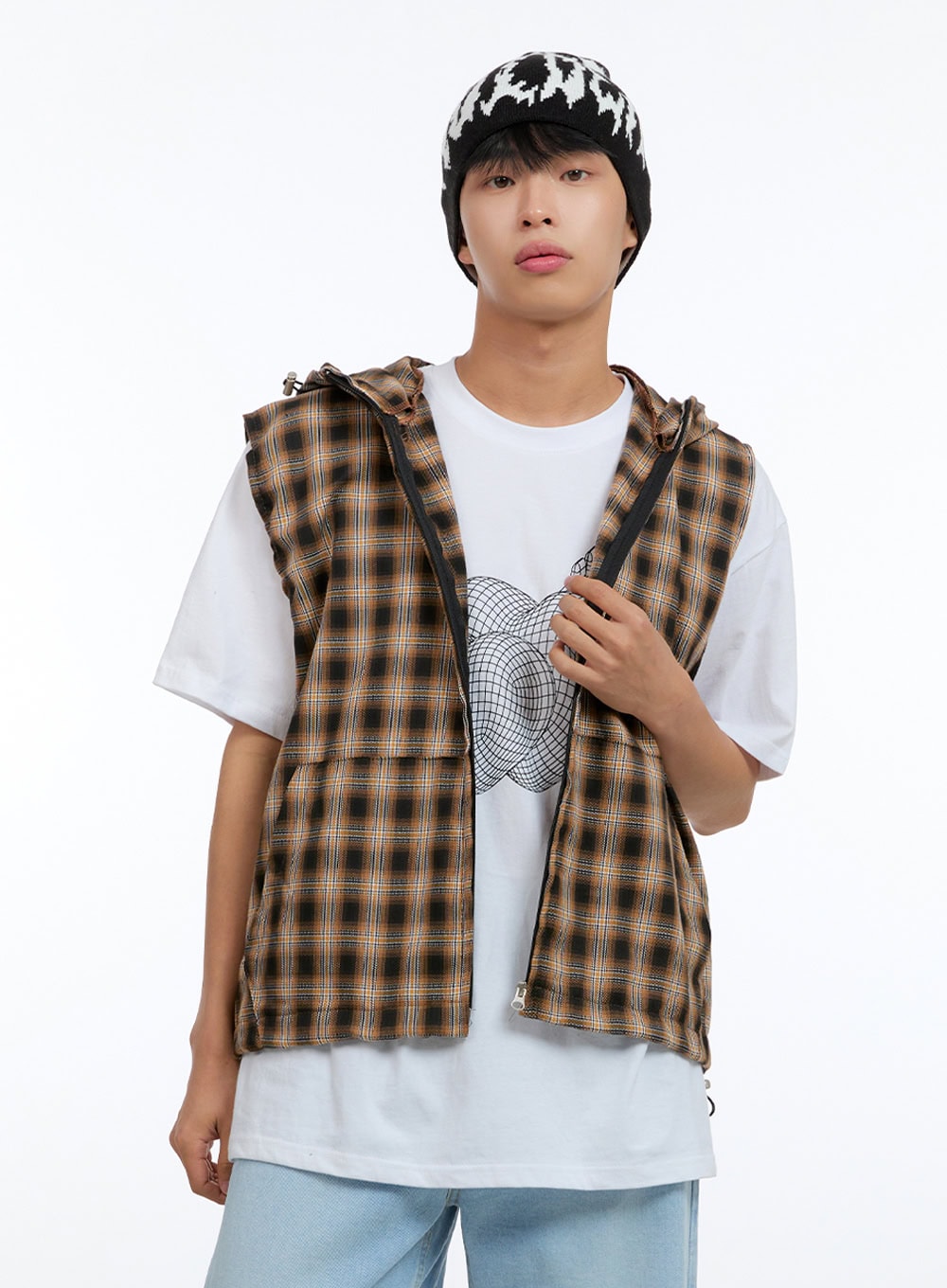Men's Checkered Zip-Up Hooded Vest IG416