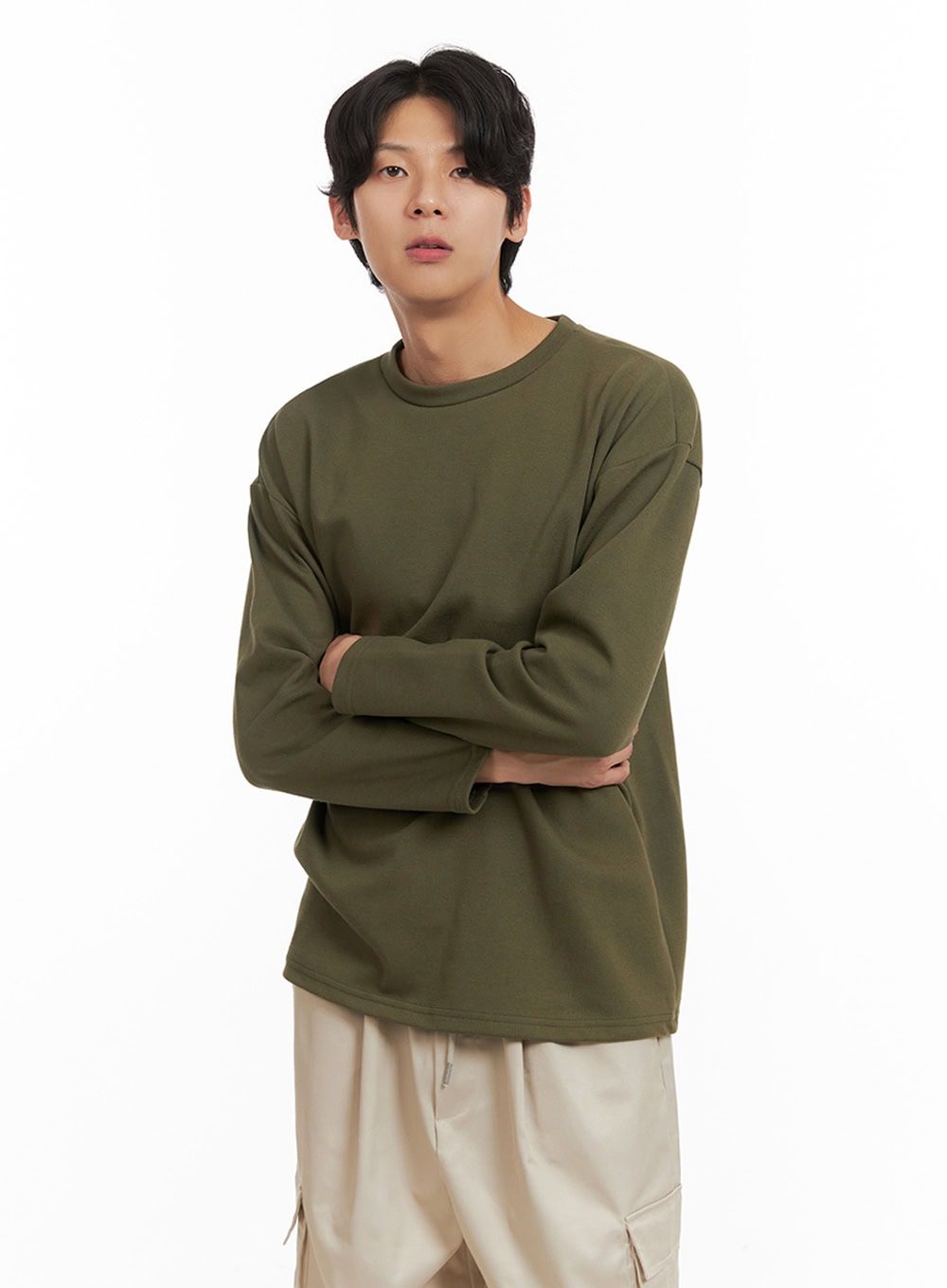 Men's Basic Oversize Long Sleeve Tee (Dark Green) IY402