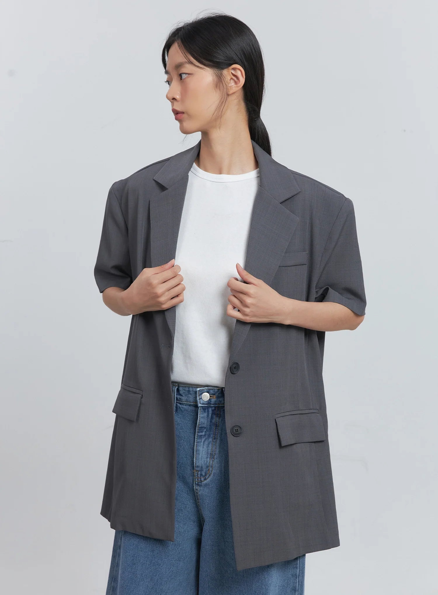 Basic Short-Sleeve Blazer (Dark Gray) IU512