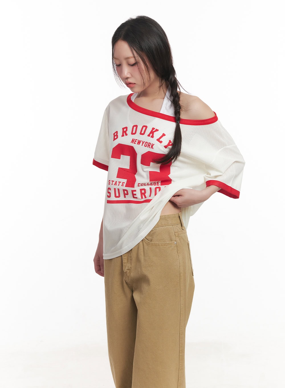 Sporty Mesh Off-Shoulder Top CA530