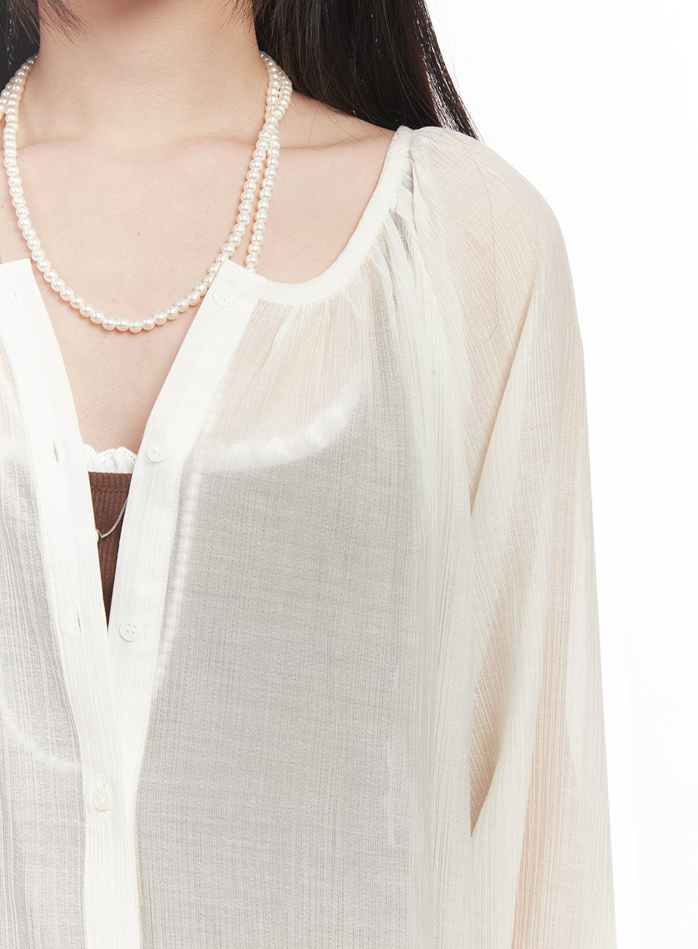 Shirred Sheer Buttoned Blouse IM528