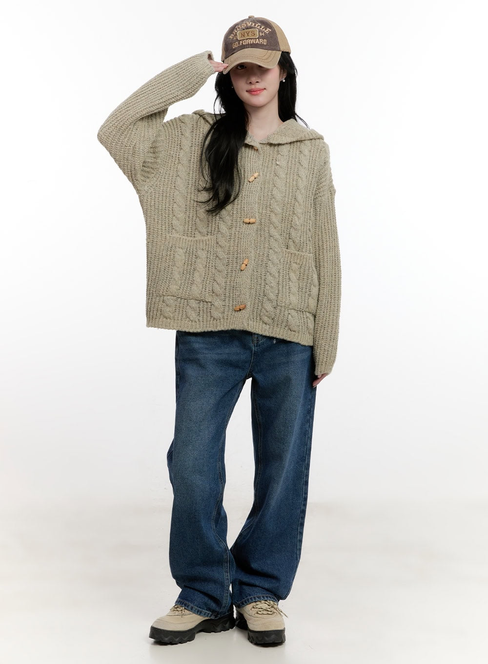 Oversized Cable Knit Hooded Cardigan CF527