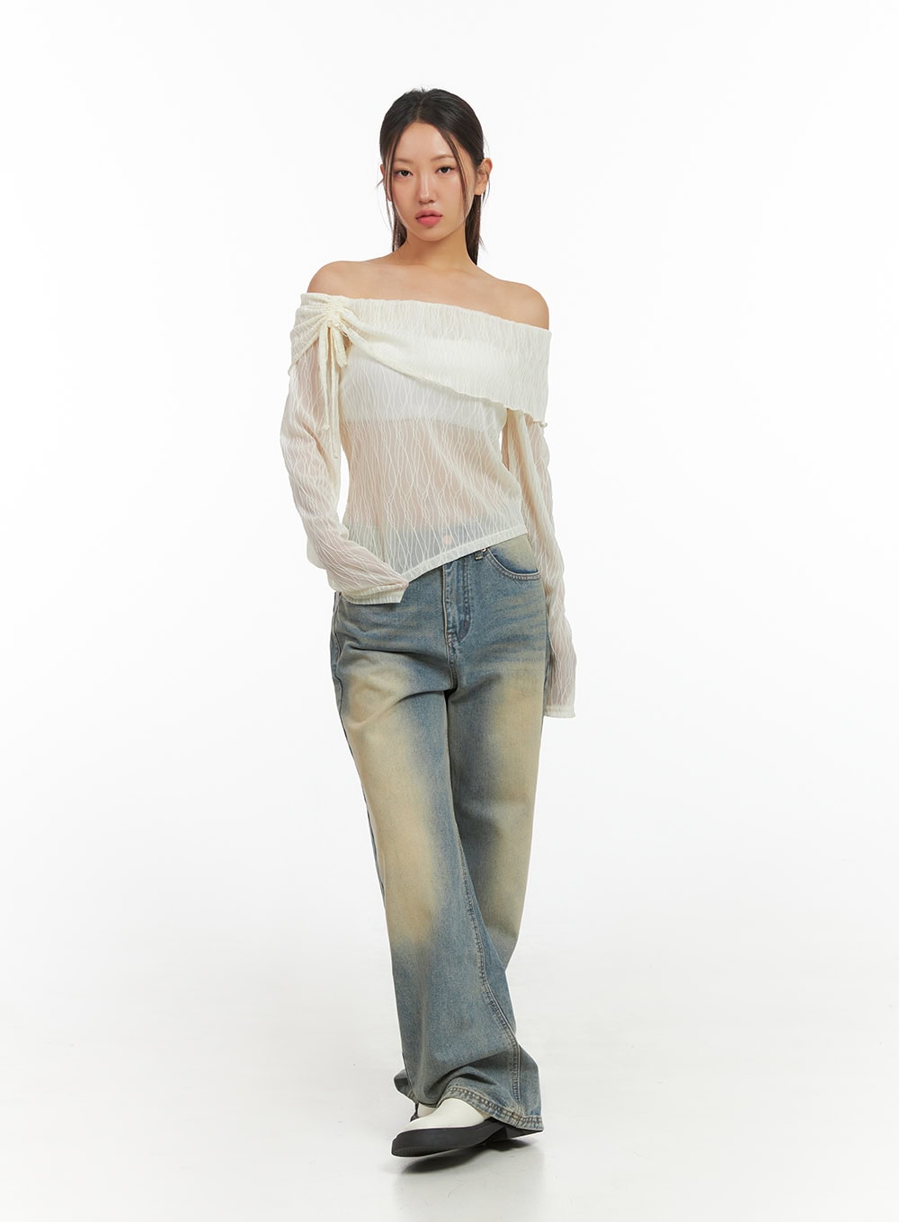See-Through Textured Off-Shoulder Top IS402