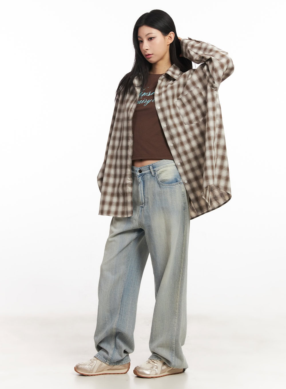 Oversized Plaid Print Button-Down Shirt CA514