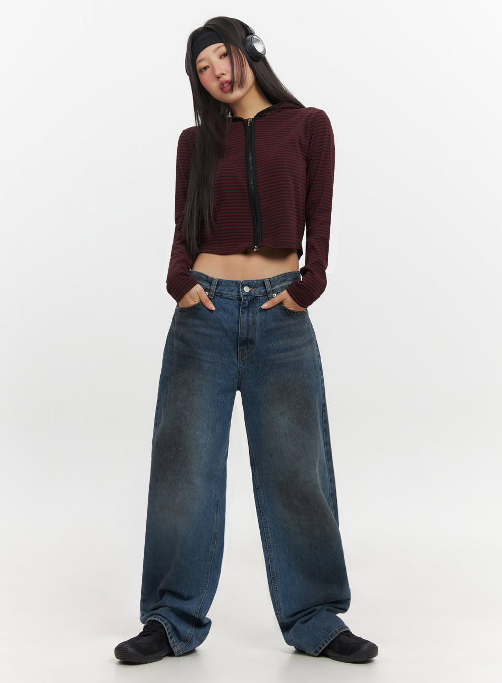 Striped Zip-Up Hooded Crop Jacket IF510