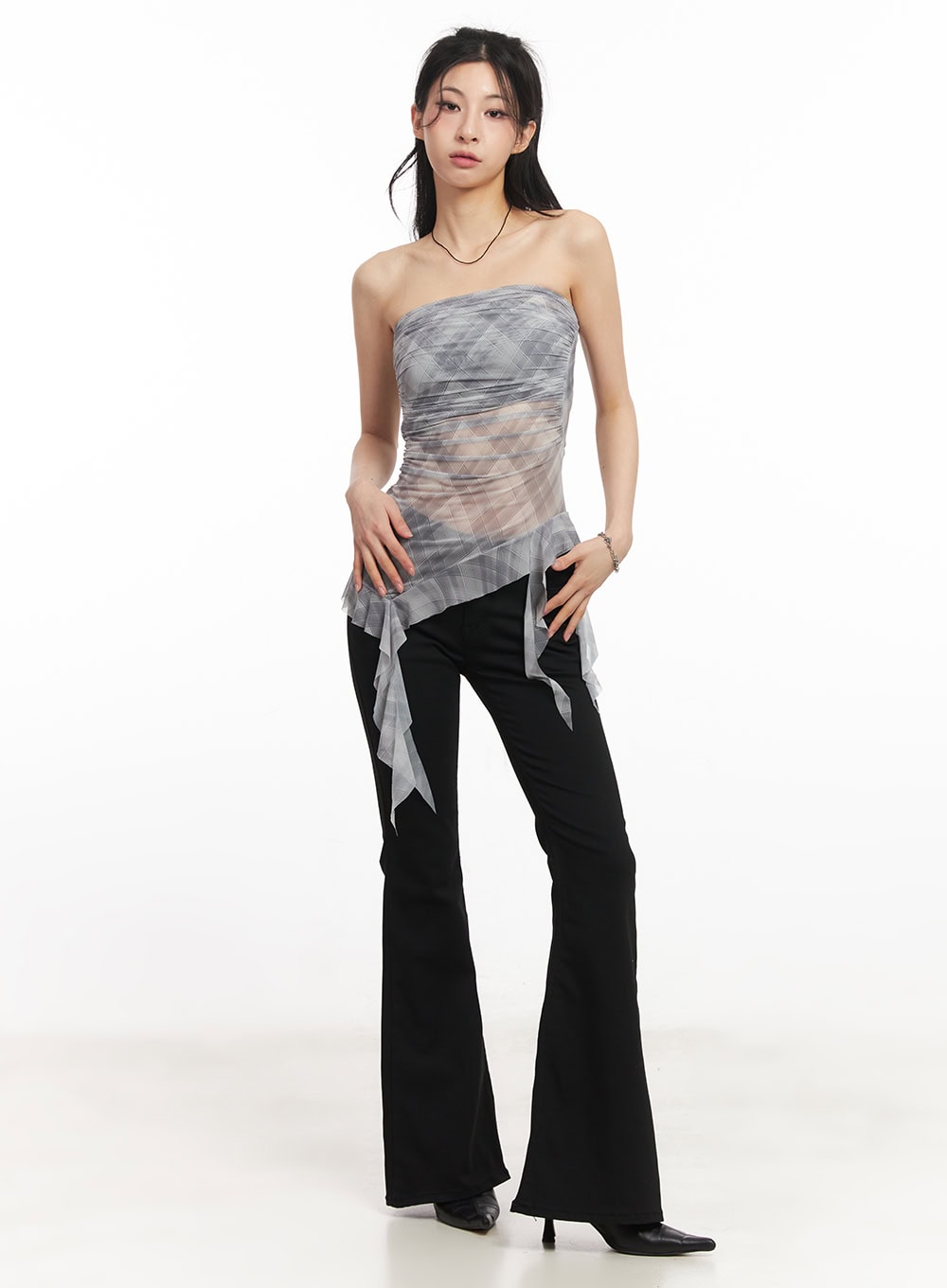 Sheer Plaid Ruffle Tube Top CA514