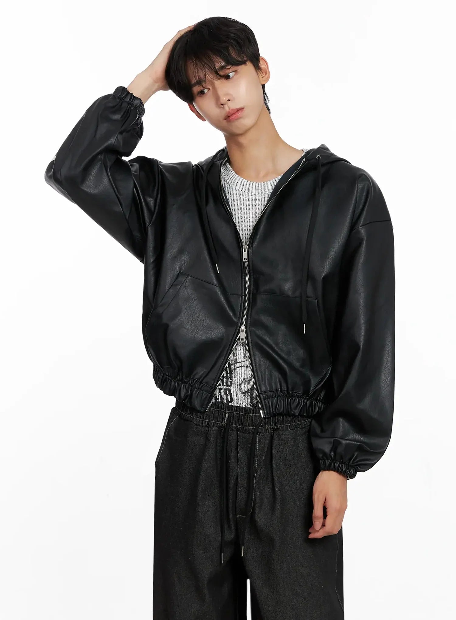 Men's Faux Leather Track Hooded Jacket IO517