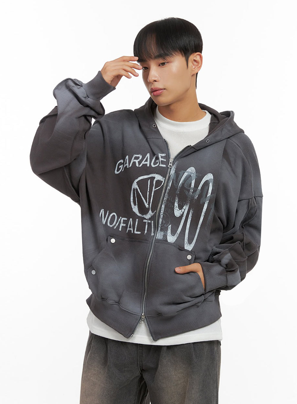 Men's Paint Washed Graphic Zip-Up Hoodie IO420