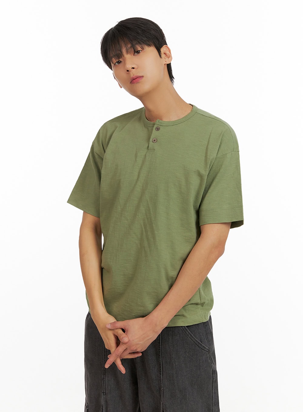 Men's Cotton Round Neck Button T-Shirt (Dark Green) IU418