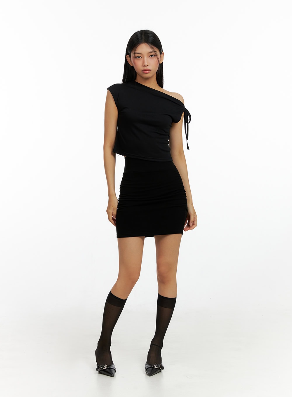 Shirred Slim Basic Mini Skirt IL419