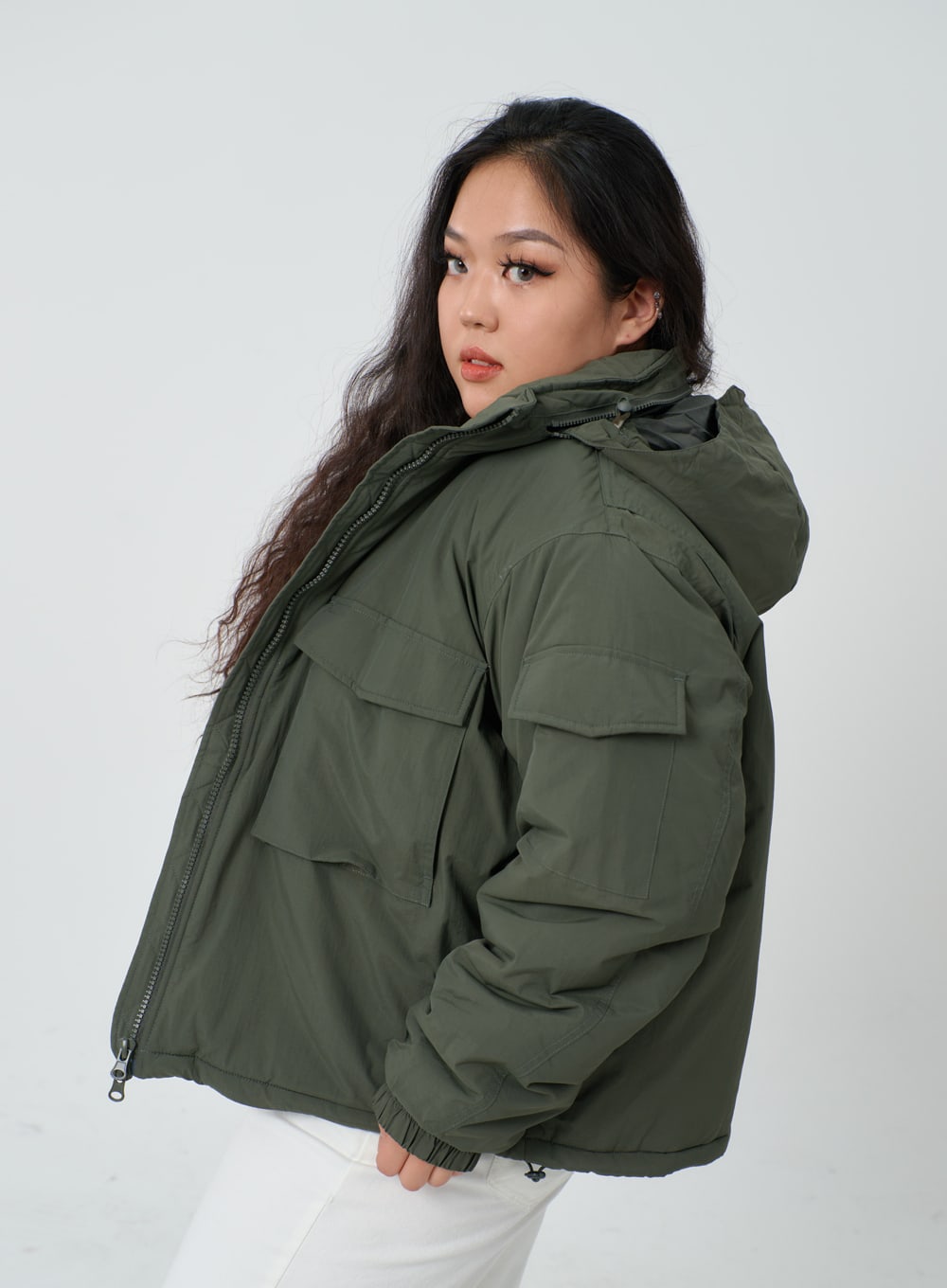 Plus Twin Front Pocket Hoodie Puffer Jacket ID27