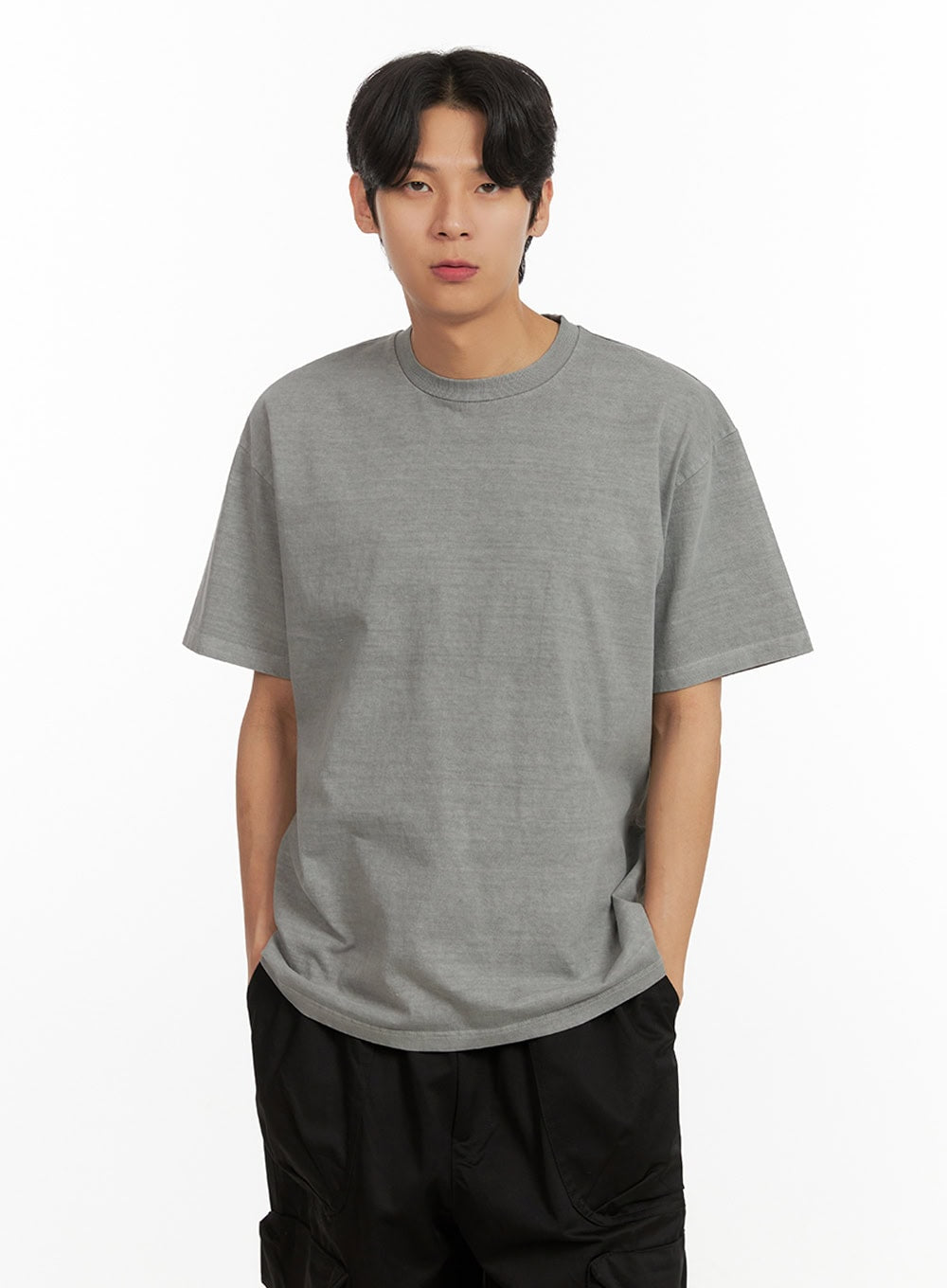 Men's Cotton Washed Round Neck T-Shirt (Gray) IY431