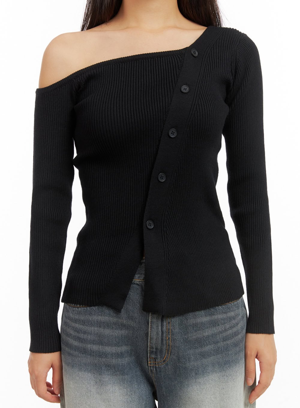 One-Shoulder Buttoned Slim Cardigan IS402