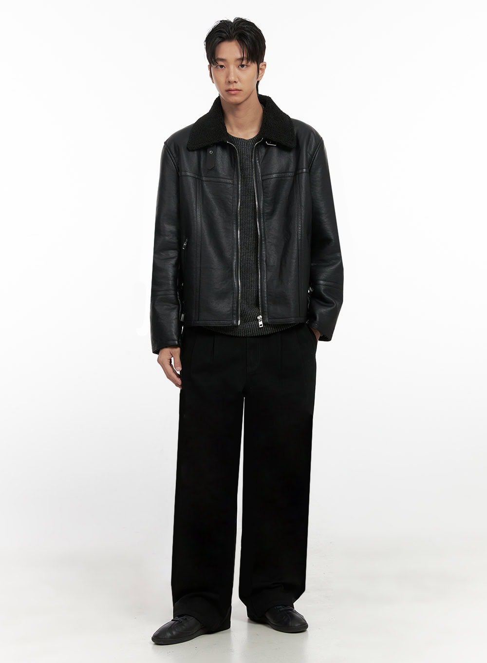 Men's Pintuck Wide Leg Cotton Pants (Black) ID413