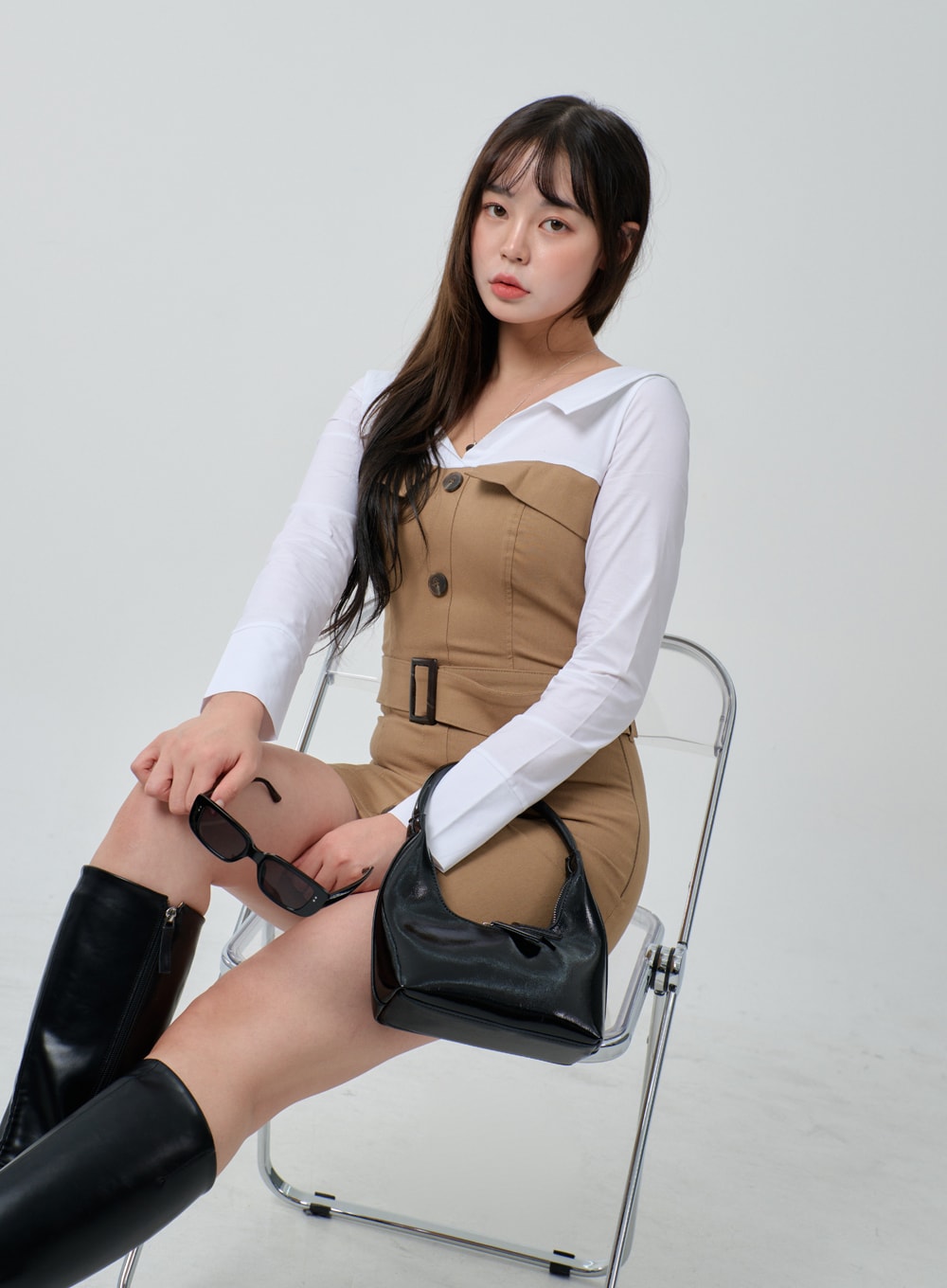 Layered V-Neck Button Belt Mini Dress ID29