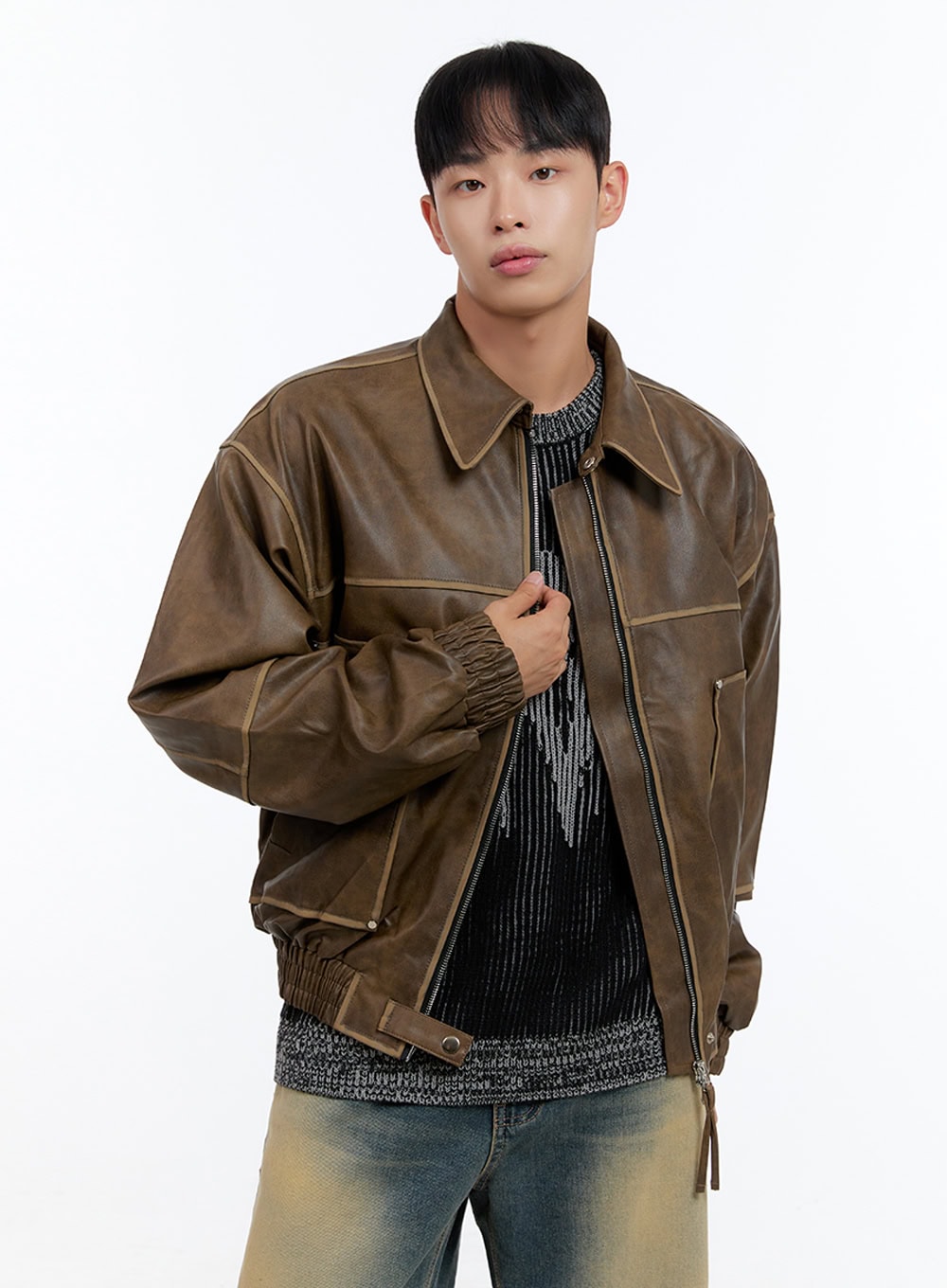Men's Washed Vintage Zip-Up Leather Jacket IS413