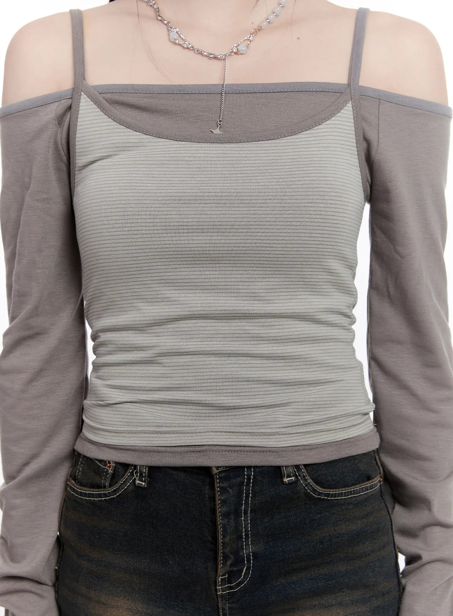 Off-Shoulder Layered Long Sleeve Top CO501